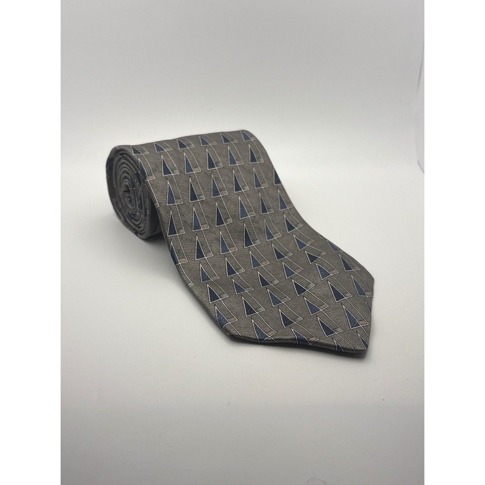 Milano Uomo Mens Silk Necktie Grey Blue Geometric Triangle Pattern Made in USA